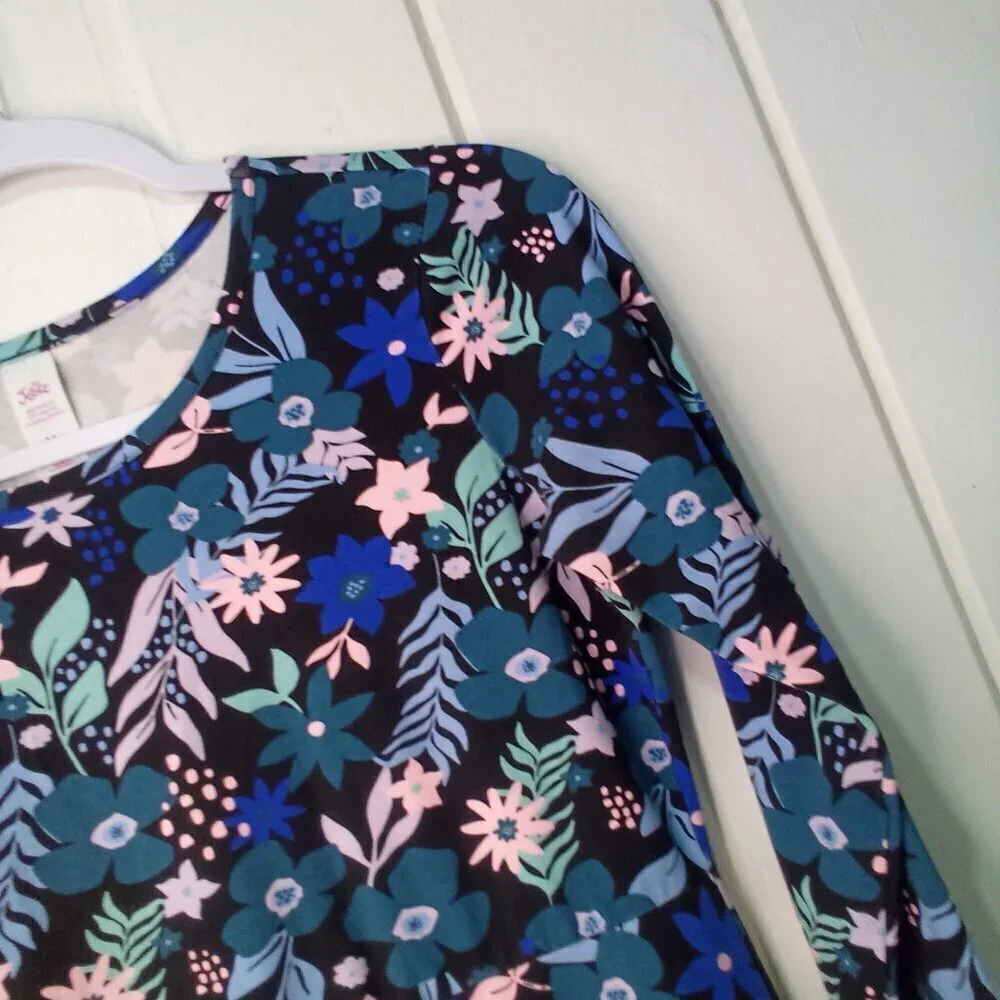 Justice Dress Girls 14 Plus Long Sleeve Floral Pattern Black Blue